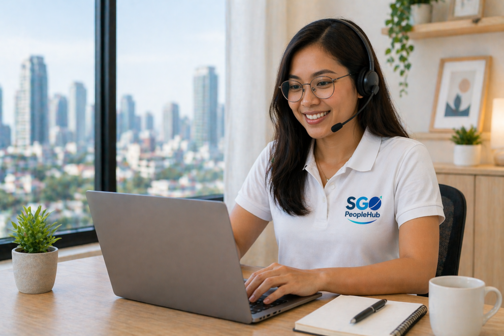 Remote Filipino customer support specialist working on laptop with headset, providing outsourced business support services