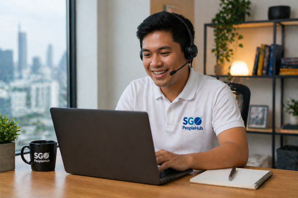 Filipino remote customer support agent wearing headset working on a laptop in a modern workspace