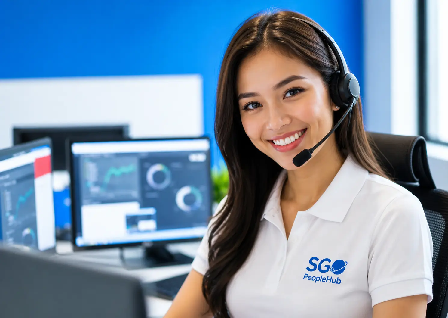 Filipino customer support professional wearing a headset and SGO PeopleHub branded white polo smiling and looking directly at the camera in a modern office