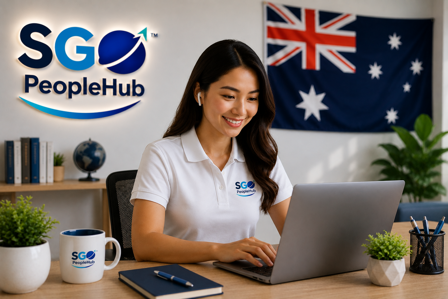 Filipino remote worker in SGO PeopleHub polo working with Australian companies from home