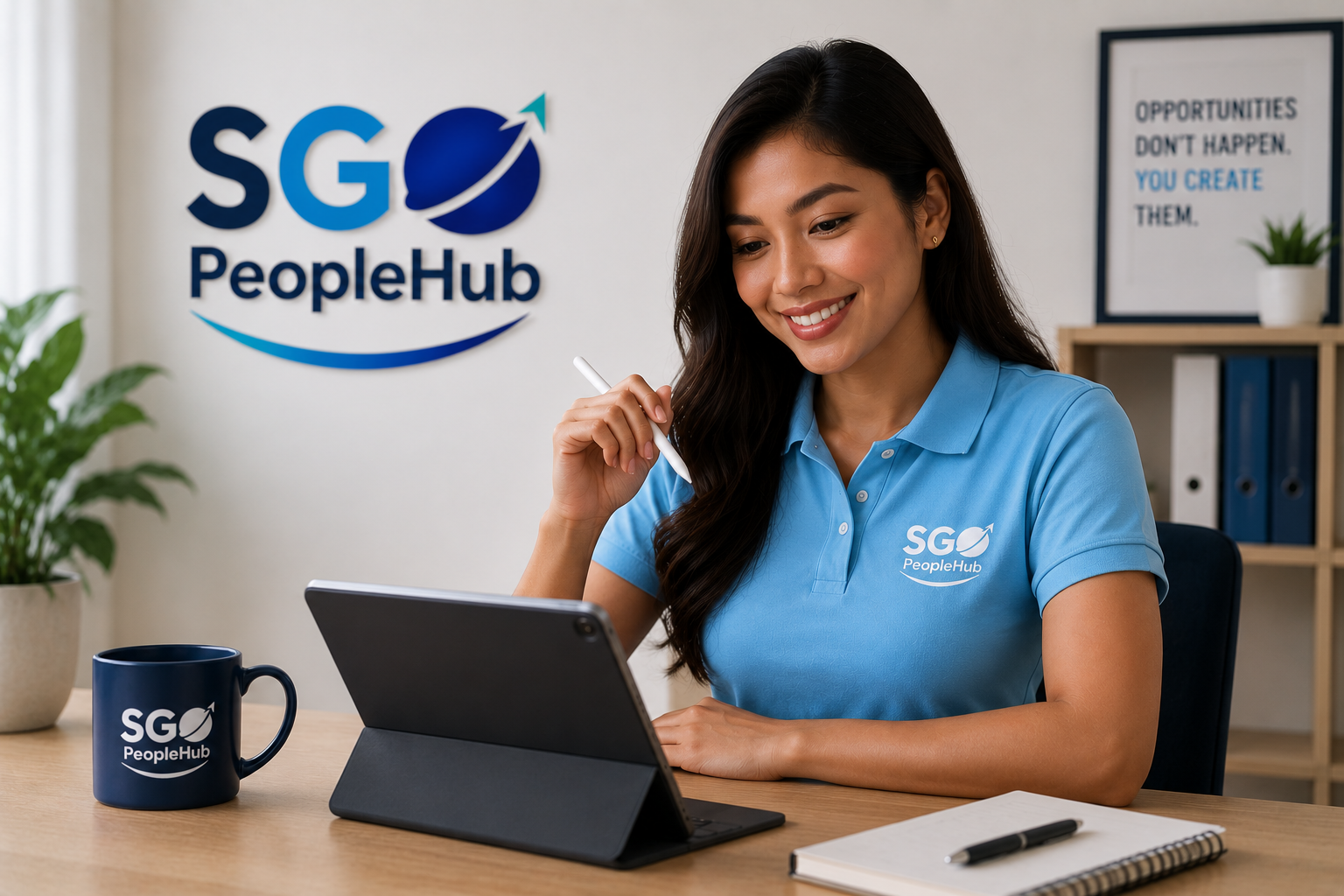 Filipina remote worker in SGO PeopleHub polo working from home in a professional virtual assistant setup