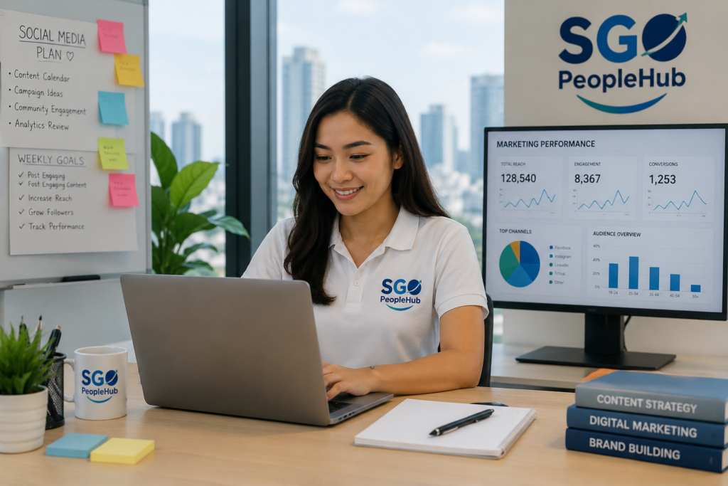 Filipino social media and digital marketing specialist working remotely in a modern SGO PeopleHub office with marketing analytics dashboards, campaign planning tools and branded workspace environment.