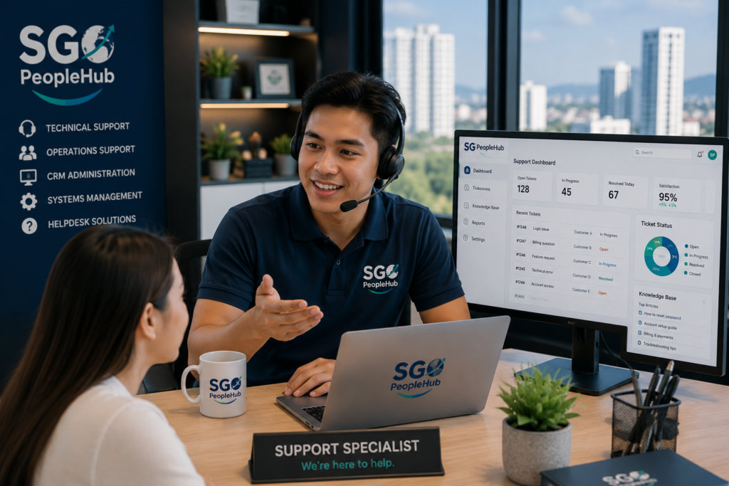 Filipino technical support specialist assisting a client in a modern SGO PeopleHub office with CRM dashboards, helpdesk systems and remote operations support tools.