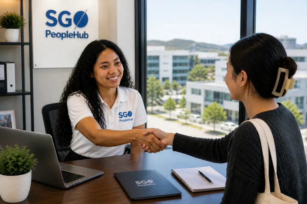 Filipino professional in SGO PeopleHub polo onboarding a candidate during interview in a modern office with city view