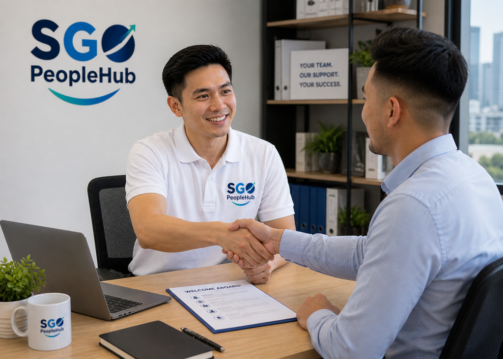 Business onboarding meeting Philippines – remote staffing specialist shaking hands with new employee during hiring process