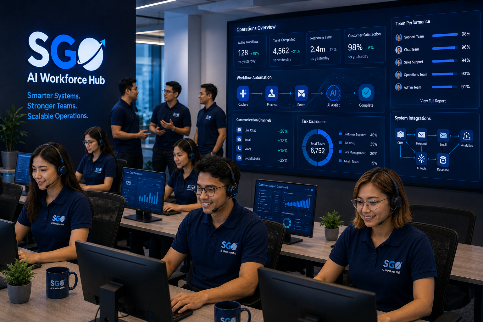 SGO AI Workforce Hub team operating AI-powered business support systems in a modern remote operations center with Filipino professionals using customer support dashboards, workflow automation tools and AI communication technology.