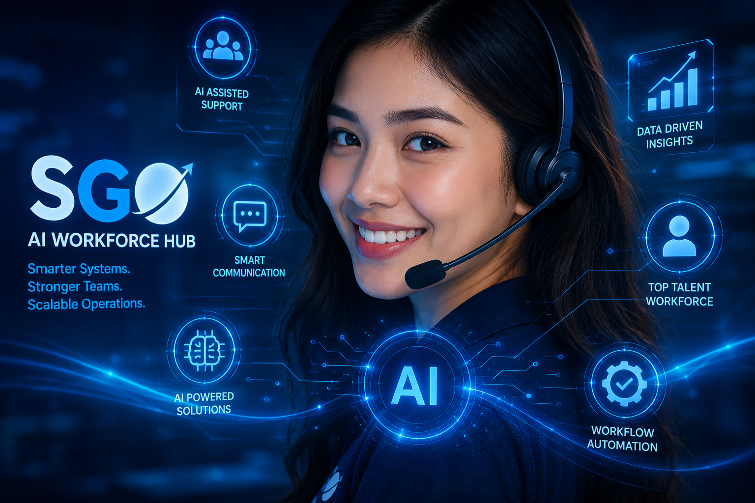 Filipino AI workforce professional using headset communication technology surrounded by futuristic blue AI automation symbols, workflow dashboards and digital business intelligence graphics inside the SGO AI Workforce Hub environment.