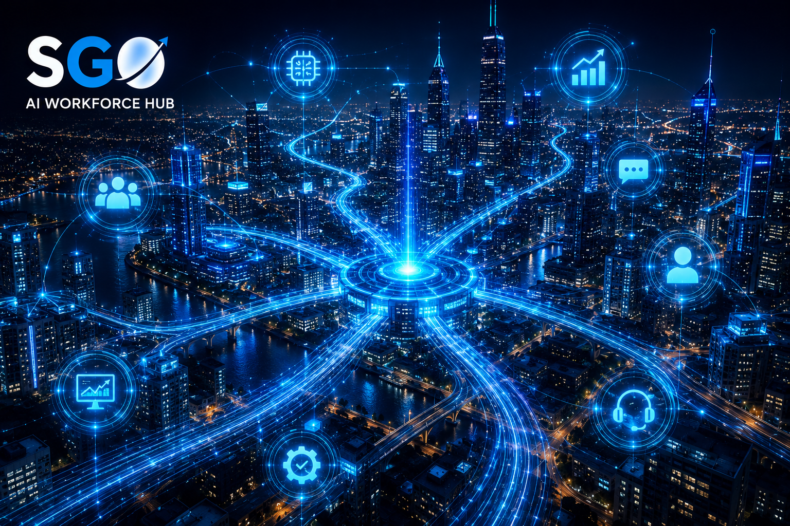 Futuristic AI-powered smart city representing scalable business operations, workflow automation and remote workforce infrastructure connected through glowing digital networks and intelligent communication systems branded with SGO AI Workforce Hub.