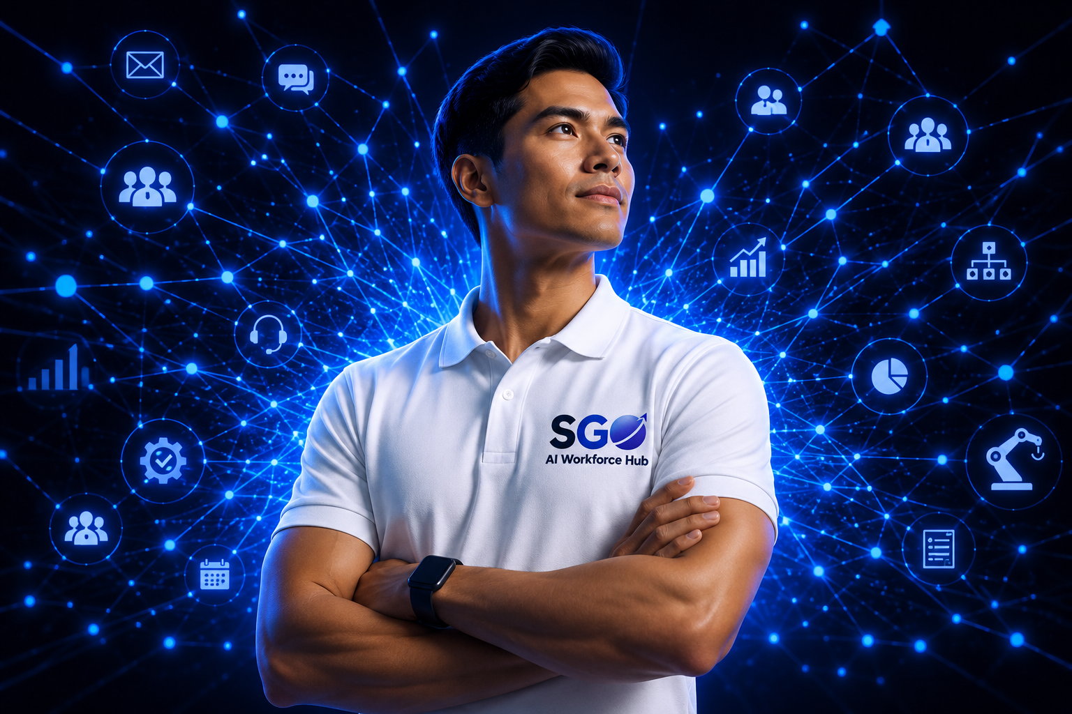 Confident Filipino AI workforce professional wearing branded SGO AI Workforce Hub white polo surrounded by glowing blue AI network systems, automation symbols, communication technology and futuristic business workflow infrastructure.