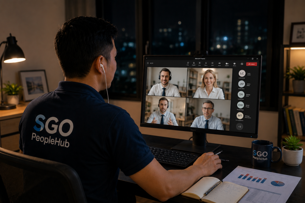 SGO PeopleHub remote offshore staff member working from home at night on a Microsoft Teams video call with overseas business clients