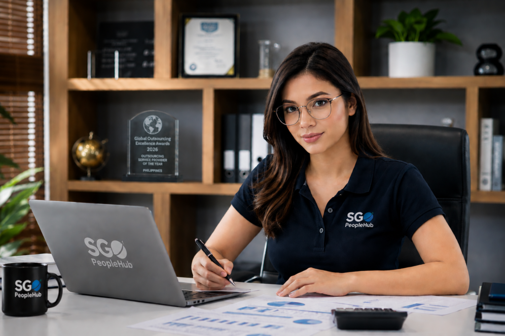 Filipino finance and back office professional working in a modern SGO PeopleHub office in the Philippines
