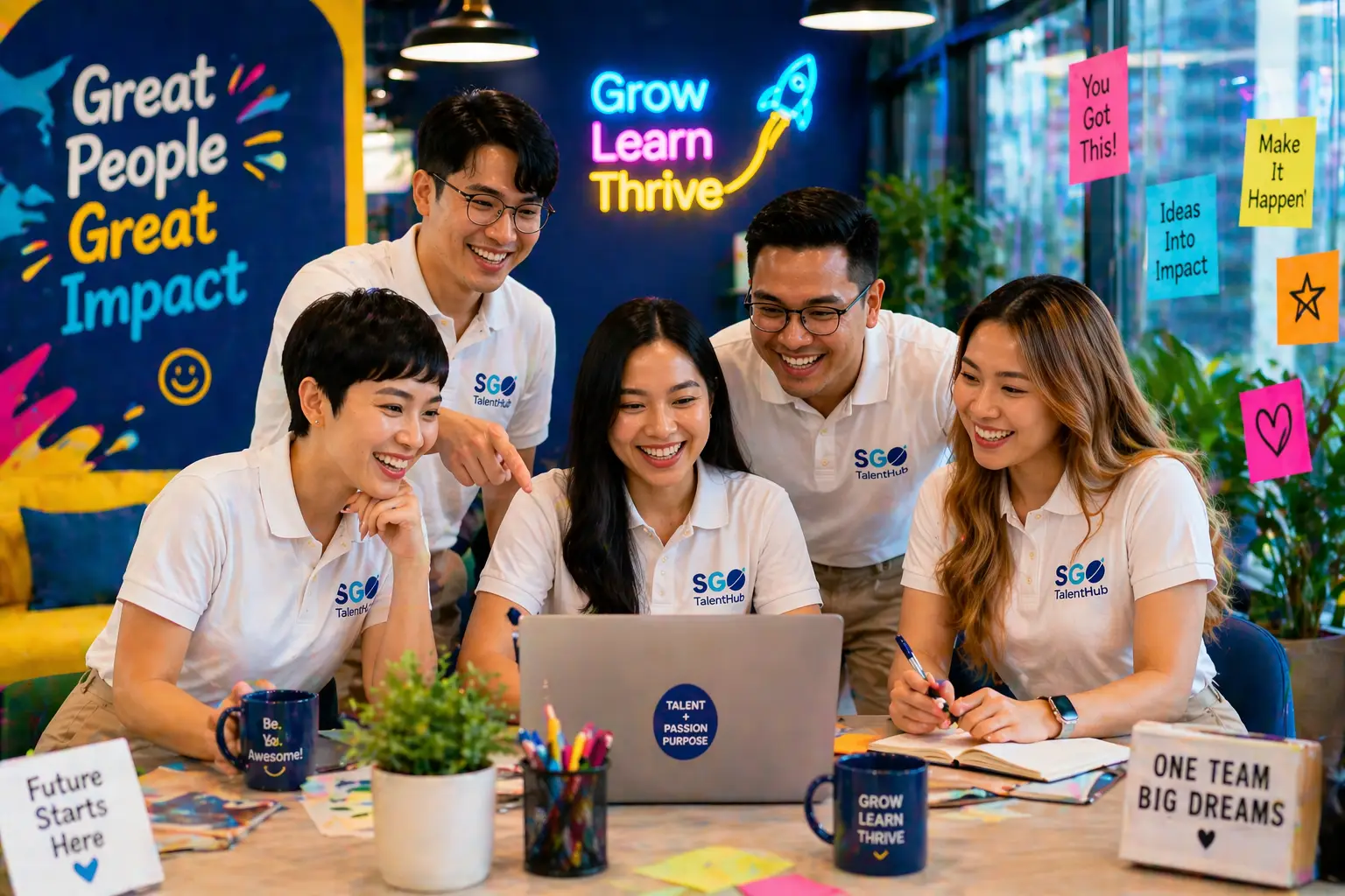 Filipino team collaborating in a modern office environment learning and working together