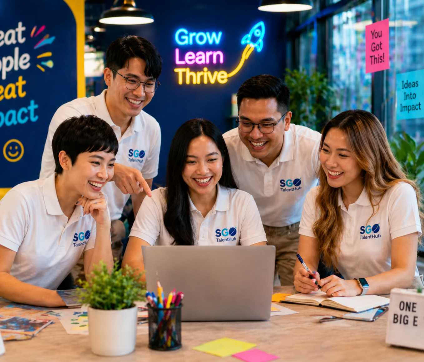 SGO TalentHub team collaborating in a modern office environment, showcasing professional recruitment, employee development, training and workforce solutions in the Philippines.
