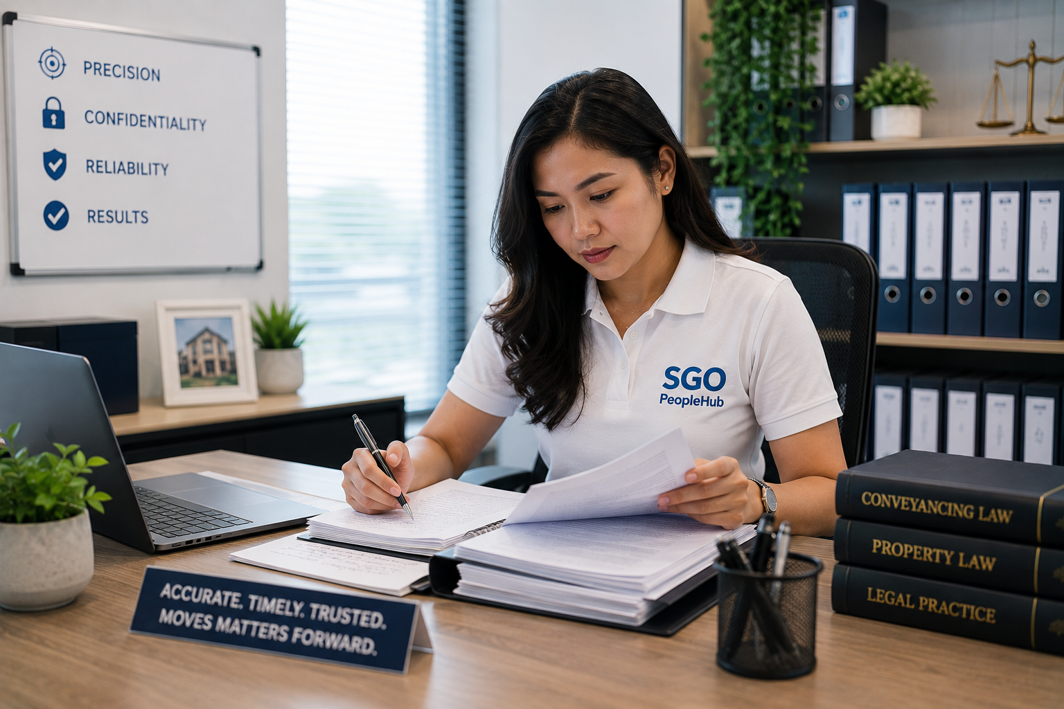Paralegal support professional reviewing legal documents and case information