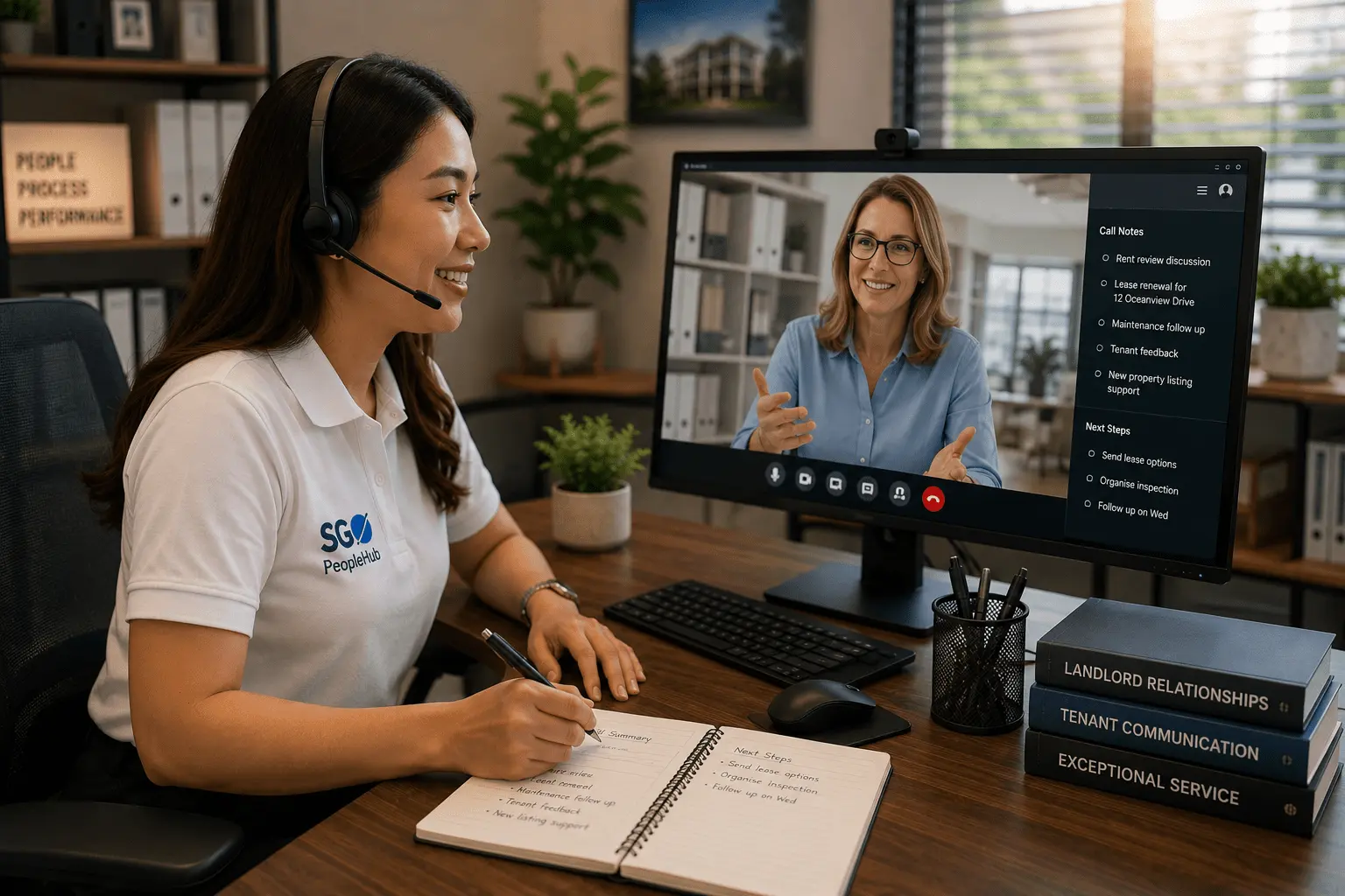 SGO PeopleHub property management professional communicating with a client while supporting landlord and tenant enquiries.