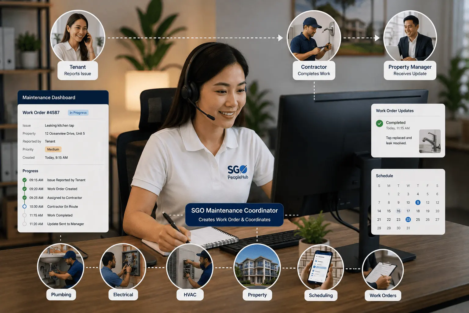 Dedicated SGO PeopleHub maintenance coordinator managing property repairs, contractors, work orders and property manager updates.