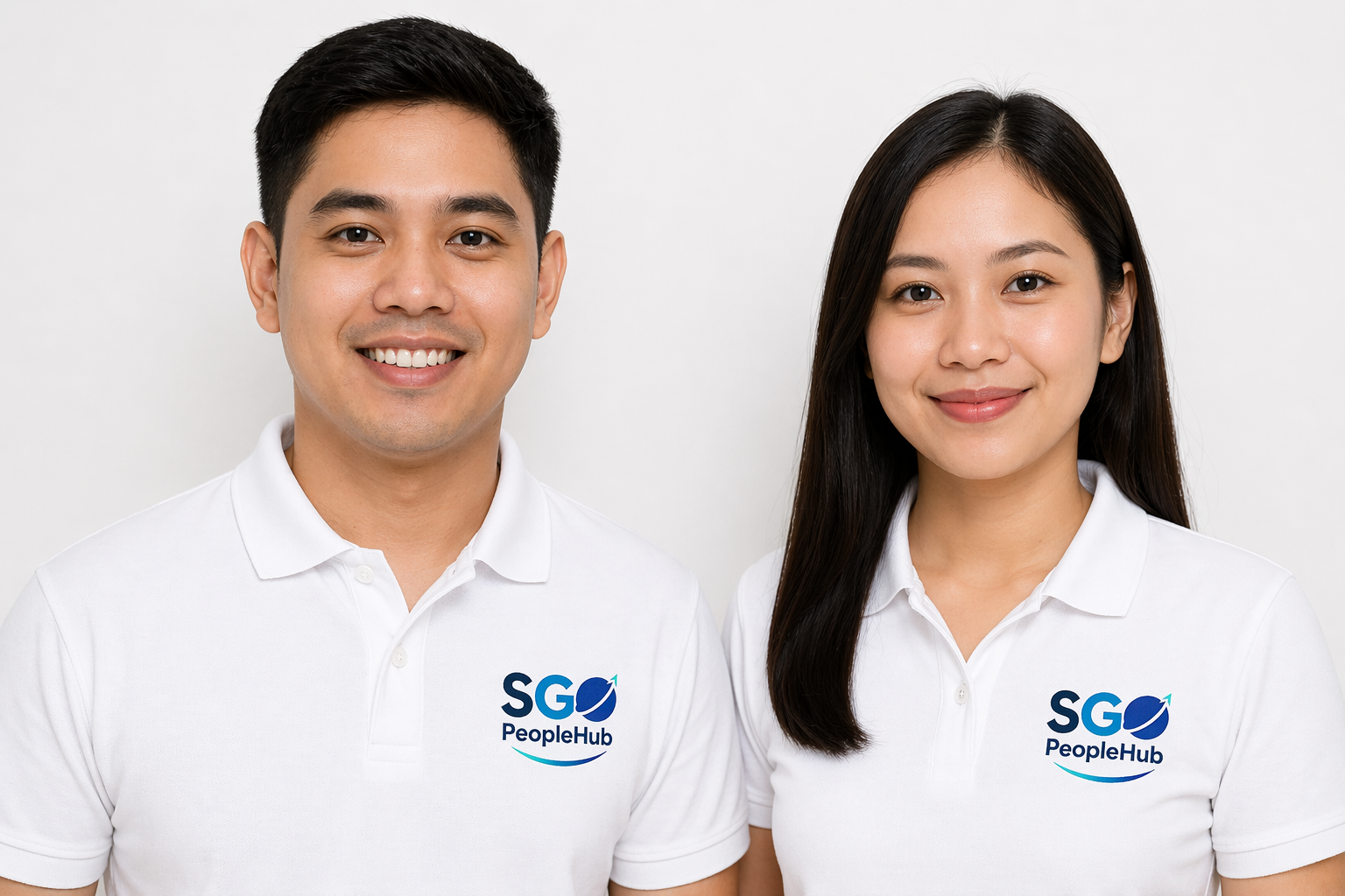 Professional Filipino remote staff wearing SGO PeopleHub white polo uniforms for offshore staffing and remote team support
